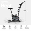 Zwarte hometrainer Zipro Beat met afmetingen en specificaties, zoals maximaal gewicht en weerstandssysteem.