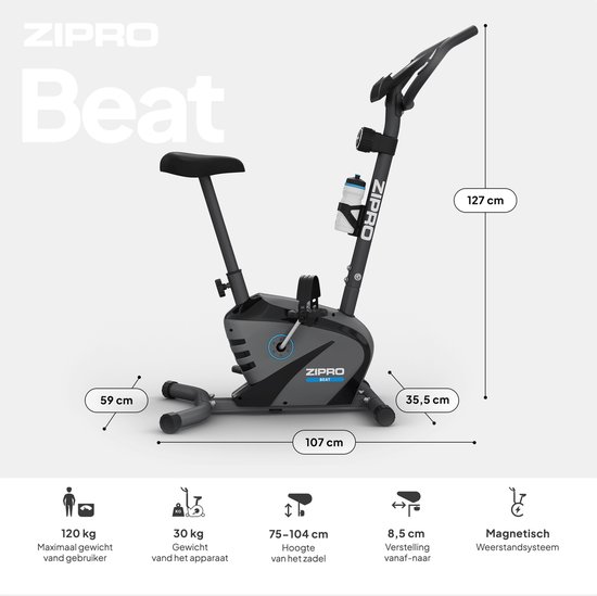 Zwarte hometrainer Zipro Beat met afmetingen en specificaties, zoals maximaal gewicht en weerstandssysteem.