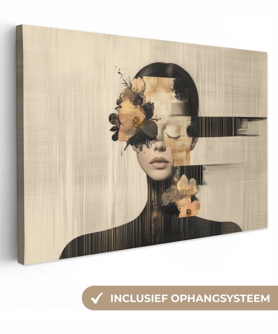 Abstract portret van een vrouw met gesloten ogen, bloemen en zwarte strepen, met "Inclusief Ophangsysteem".