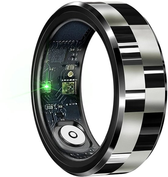 Zilveren ring met zwart patroon, toont interne circuits met groene LED en witte sensor, draaiend.