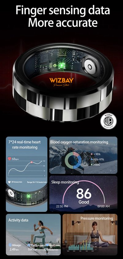 Zilveren ring met zwart en zilver geblokte band, met zichtbare elektronica en groen lampje.