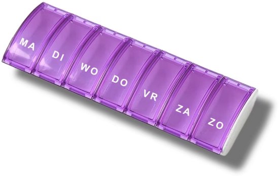 Pilulier hebdomadaire 7 compartiments - Violet - 7 jours - 1 semaine - 7 grands compartiments - Pilulier hebdomadaire - Néerlandais