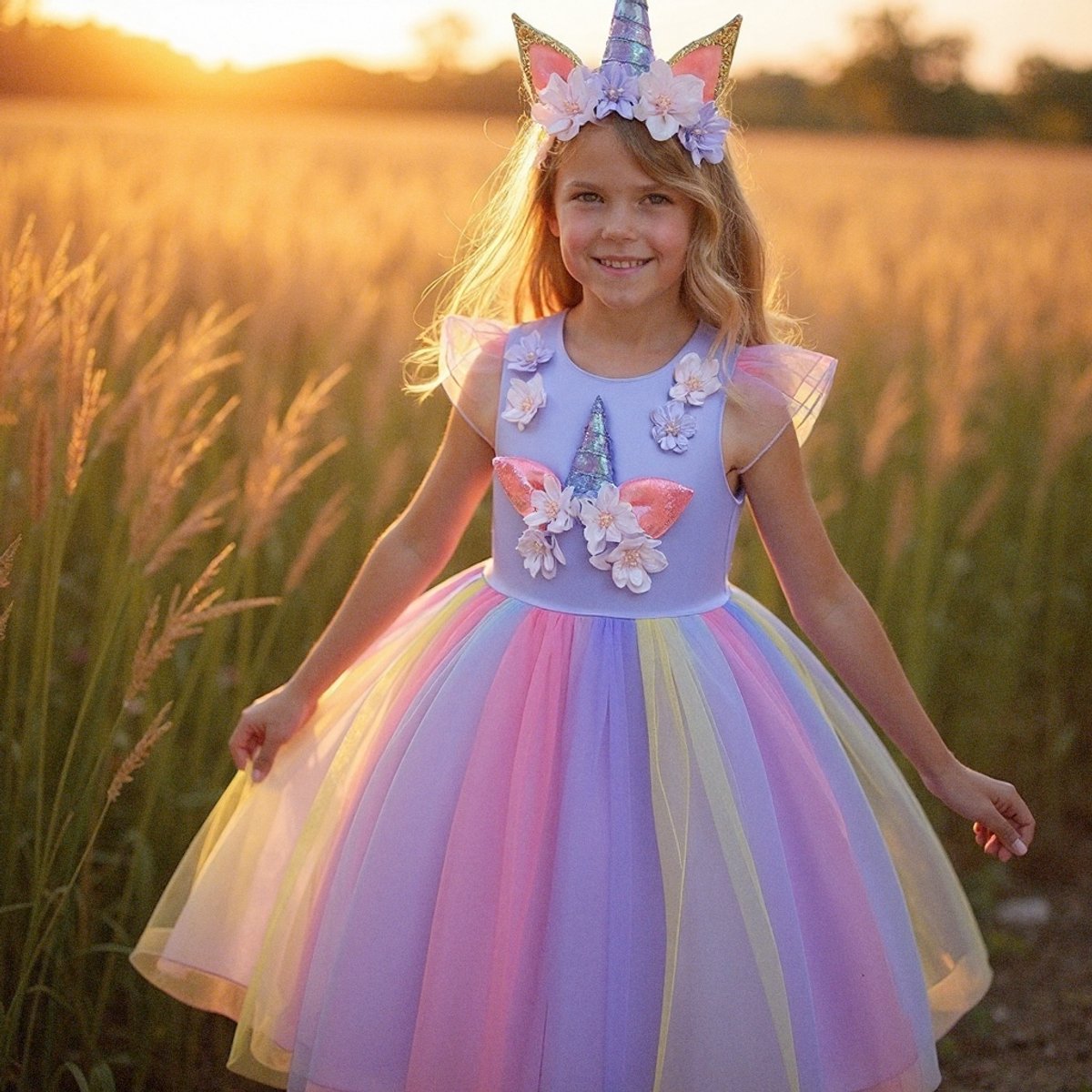 Joya Kids® Paarse Eenhoorn Verkleed Jurk Set | Unicorn Jurk kostuum | Prinsessen jurk verkleedjurk + Haarband | (110) | Cadeau meisje — afbeelding 4