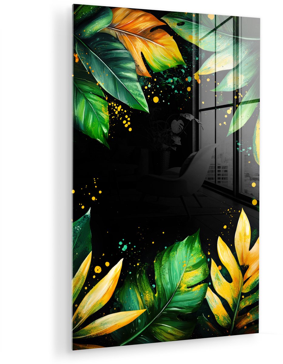MuchoWow® Glasschilderij 40x60 cm - Schilderij acrylglas - Bladeren - Groen - Geel - Verf 