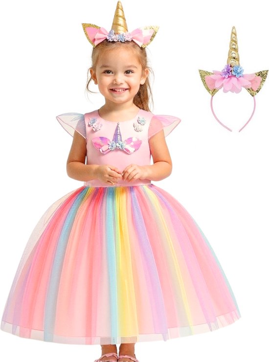 Joya Kids® Roze Eenhoorn Verkleed Jurk | Unicorn Jurk kostuum | Prinsessen jurk verkleedjurk + Haarband | Maat 122-128 (130) | Cadeau meisje