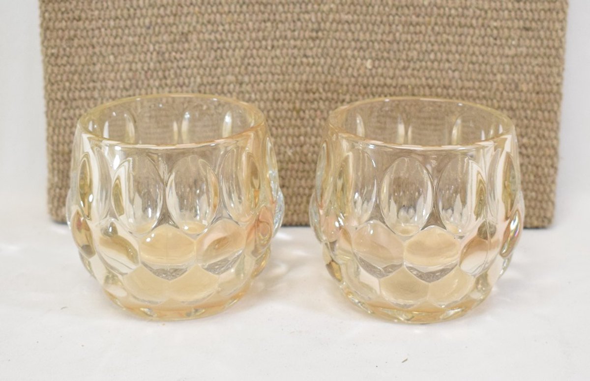 ZoeZo Design 2 stuks - waxinelichtjeshouder - zwaar glas - oker oranje gloed - H9 x Ø 9 cm - glas oranje - oker - helder glas