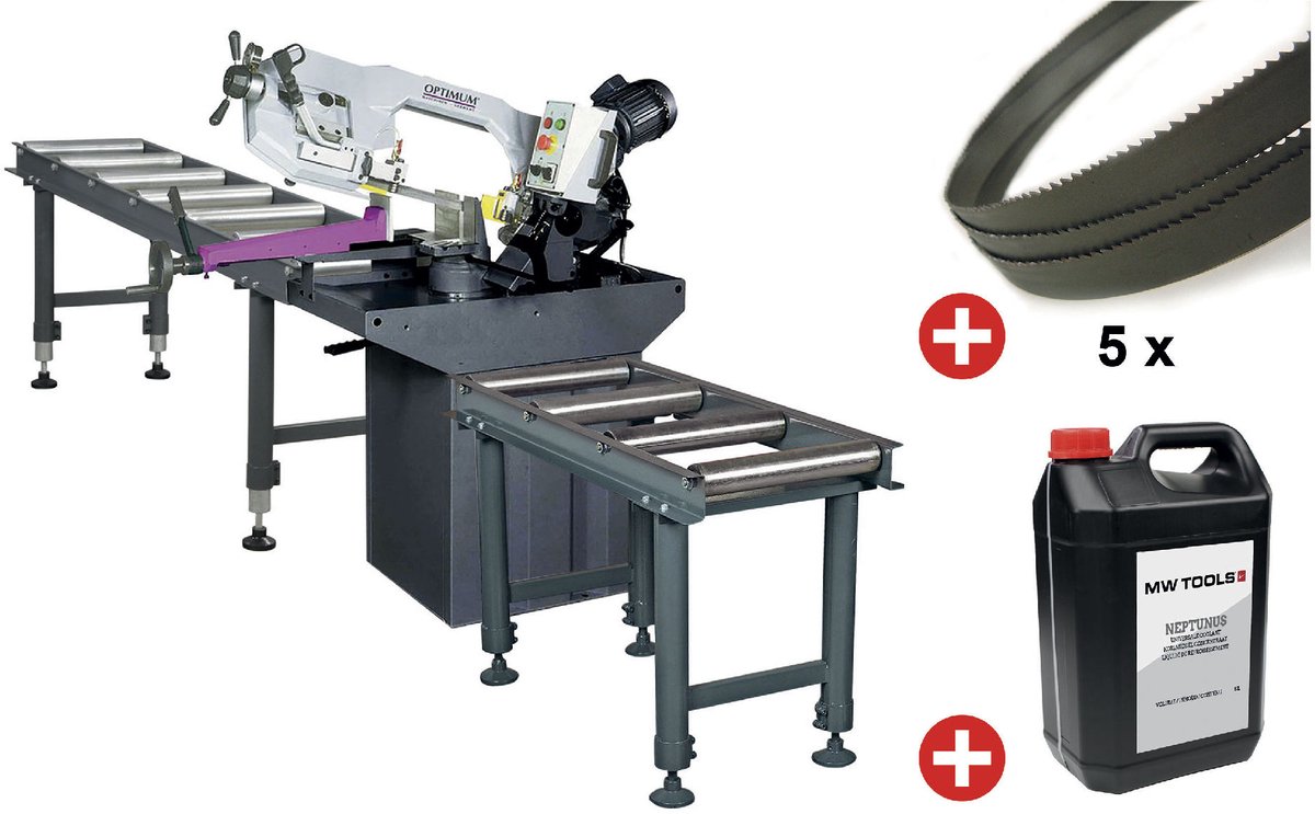 Metaalbandzaag 0-60° zaagcapaciteit rond 225 mm 1,1 kW 400V incl. 2 rollenbanen 1M-2M 5 lintzagen 1 bus koelmelk Optisaw S275P PACK 2
