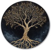 Graphic Message - Print op Wandcirkel - Levensboom Zwarte Achtergrond - Zwart - Boom Cirkel - Wooncirkel - Muurcirkel - Woonkamer - Donker - Natuur Wanddecoratie - Bomen