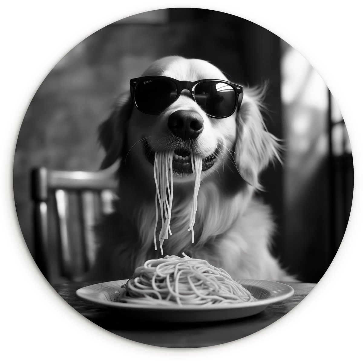 WallCircle Wandcirkel 120x120 cm - Muurcirkel Golden Retriever - Hond - Vrolijk - Bord spaghetti - Zwart - wit - Muurdecoratie woonkamer - Wanddecoratie slaapkamer - Kamer decoratie accessoires - Ronde schilderijen