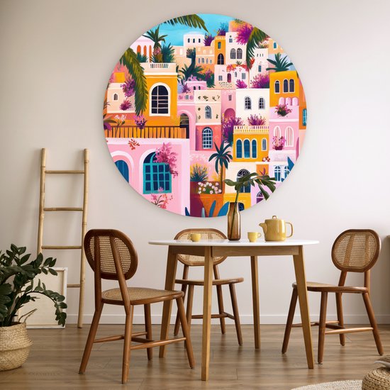 WallCircle® Cercle Mural 120x120 cm - Cercle Mural Coloré - Rose - Oranje - Jaune - Fleurs - Décoration murale salon - Décoration murale chambre - Accessoires de décoration de chambre - Tableaux ronds XXL