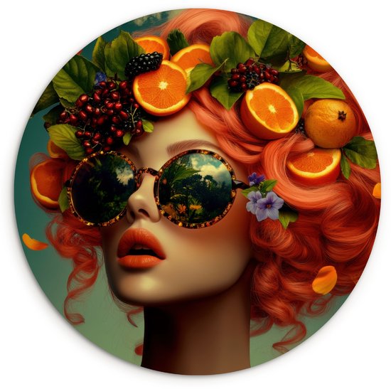 WallCircle® Cercle mural 90x90 cm - Cercle mural Femme - Orange - Baies - Oranje - Décoration murale salon - Décoration murale cuisine - Accessoires de décoration de chambre - Tableaux ronds