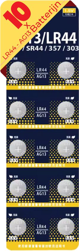 Verpakking van 10 LR44 / AG13 / SR44 knoopcelbatterijen.