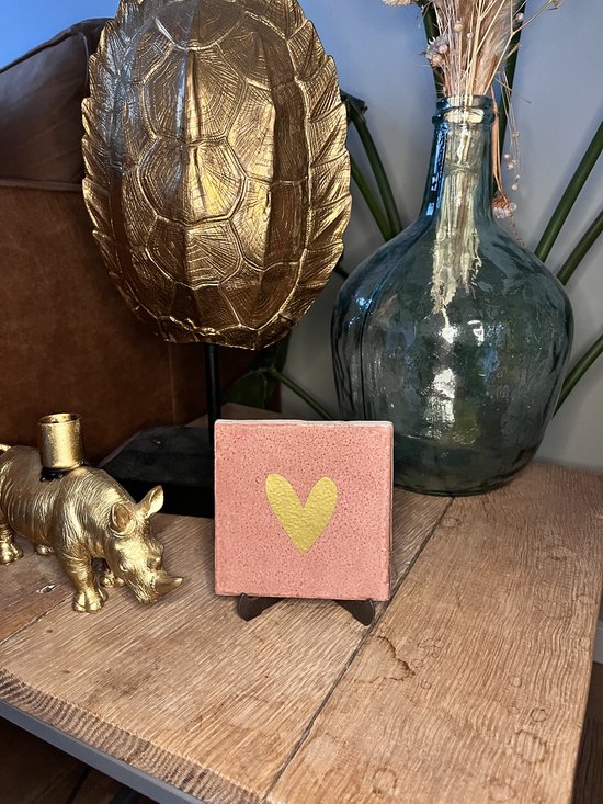 Roze handvorm decoratie tegeltje met gouden hart