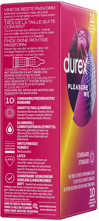 Zijkant Durex Pleasure Me verpakking met informatie over pasvorm, glijmiddel, dikte en latex.