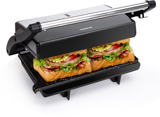 Aigostar Tosti Apparaat voor 2 Tosti's - Contactgrill - Panini Grill met Non-Stick Keramische Plaat - - 1000W - RVS/Zwart