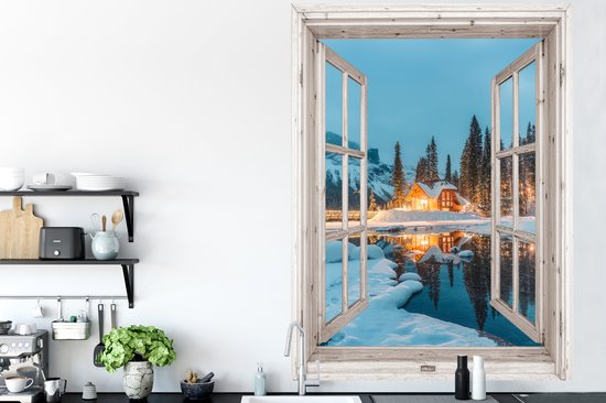 Stickers muraux - Film autocollant - Transparent - Paysage d'hiver - Nature - Maison - Montagnes - 120x160 cm - Film adhésif - Stickers muraux chambre enfant - Papier peint autocollant XXL - Papier peint autocollant - Film autocollant