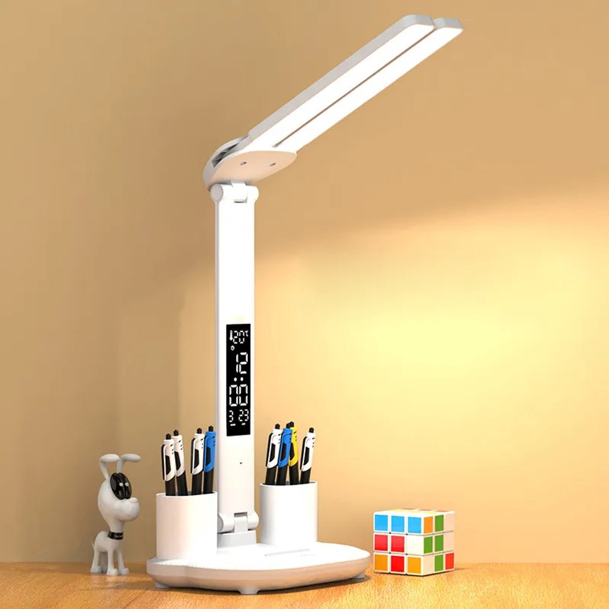 LED Bureaulamp Dubbele Kop, Vouwbaar, Touchscreen, Klok & Thermometer thumbnail 5