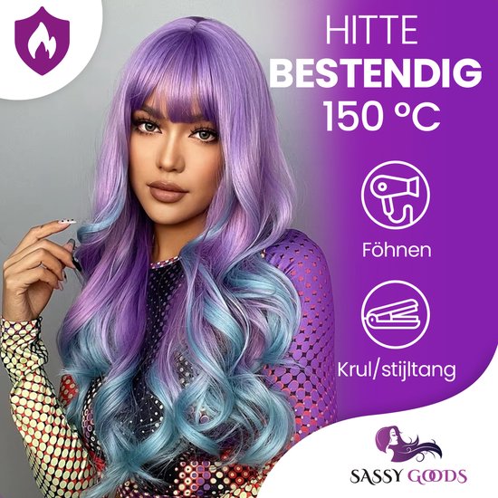 Perruque Unicorn SassyGoods - Perruques Sassy Goods pour femmes, Cheveux longs - Perruque - Lavable - Incl. Filet à cheveux - Blauw violet - 65 cm