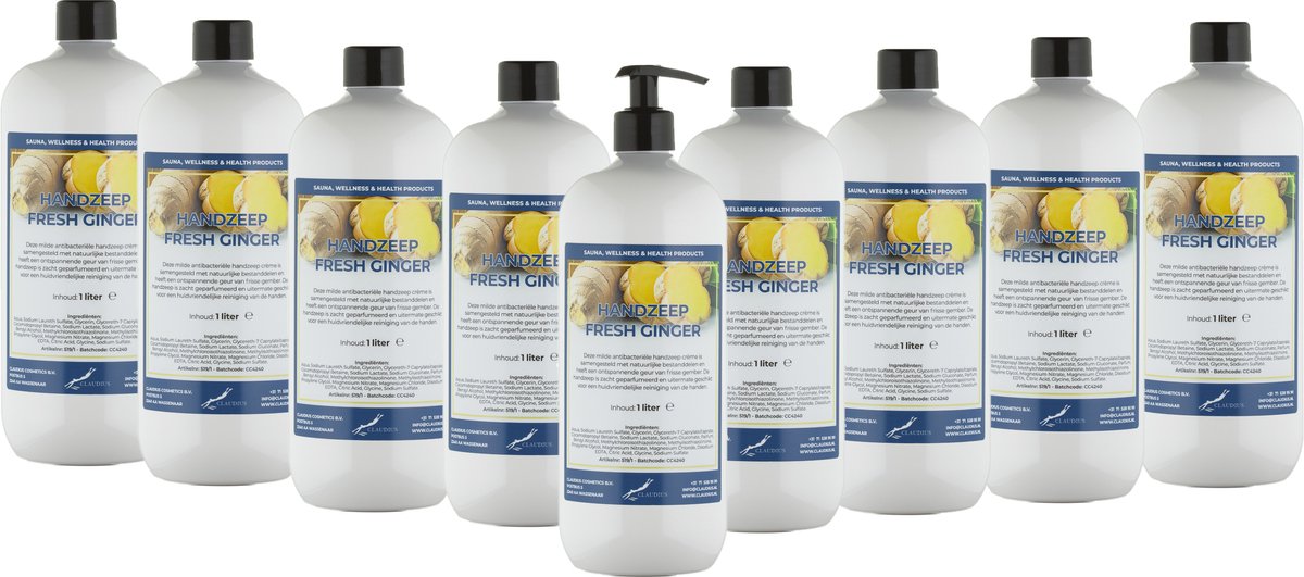 Handzeep Fresh Ginger 1 liter - met gratis pomp - set van 10 stuks - Voordeelverpakking