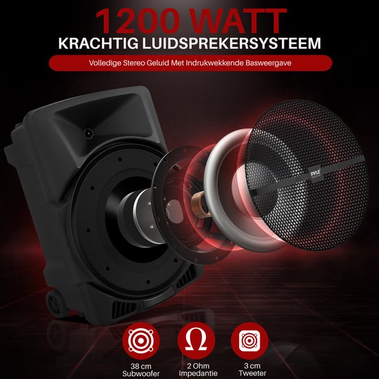 Pyle Bluetooth Party Speaker, Draagbare Speaker met Wielen - 1200W- USB, MP3, AUX 3,5mm Ingang - Knipperende Partylamp - FM Radio — afbeelding 3