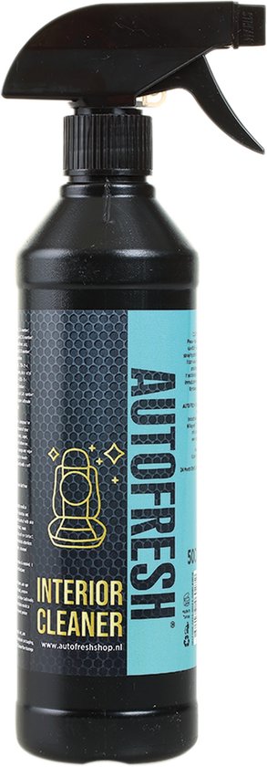 Zwarte spuitfles met label 'Autofresh Interior Cleaner' in turquoise en geel met een lantaarnicoon.