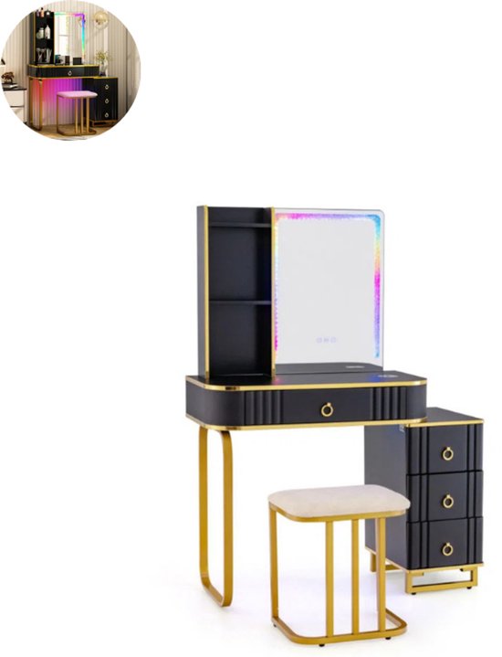 Kaptafel met LED Spiegel en Kruk - 5 Lades en Kast - Tafels