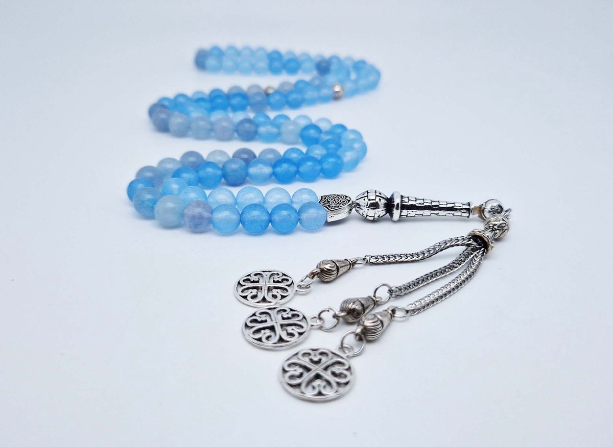 Handgemaakte tesbih "Tasbih" natuursteen " Blauwe Jade " - Aantal kralen 99 - Diameter kralen 8MM - met metaal tassel "Arabesk" - Een mooi cadeau-idee