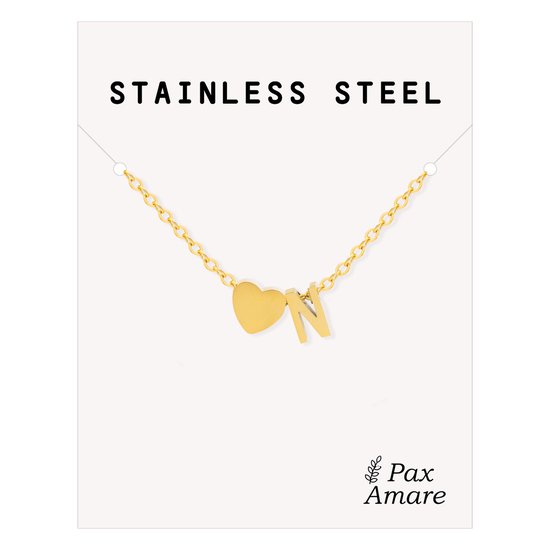 Collier Lettre N Doré - Acier Inoxydable - Pendentif Initiale & Coeur - Collier Initiales sur Carte Cadeau - Pax Amare