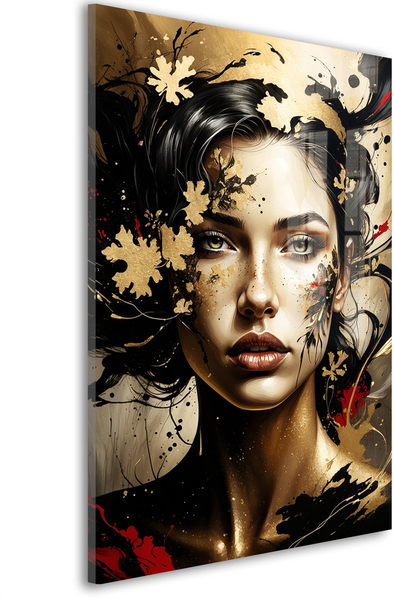 Glasschilderij Gouden schaduwstorm gezicht - 90 x 60 cm - Vrouw - Portretten - Acrylaat - Inclusief wandbevestiging - Foto op plexiglas - Wanddecoratie woonkamer – Modern – Modern
