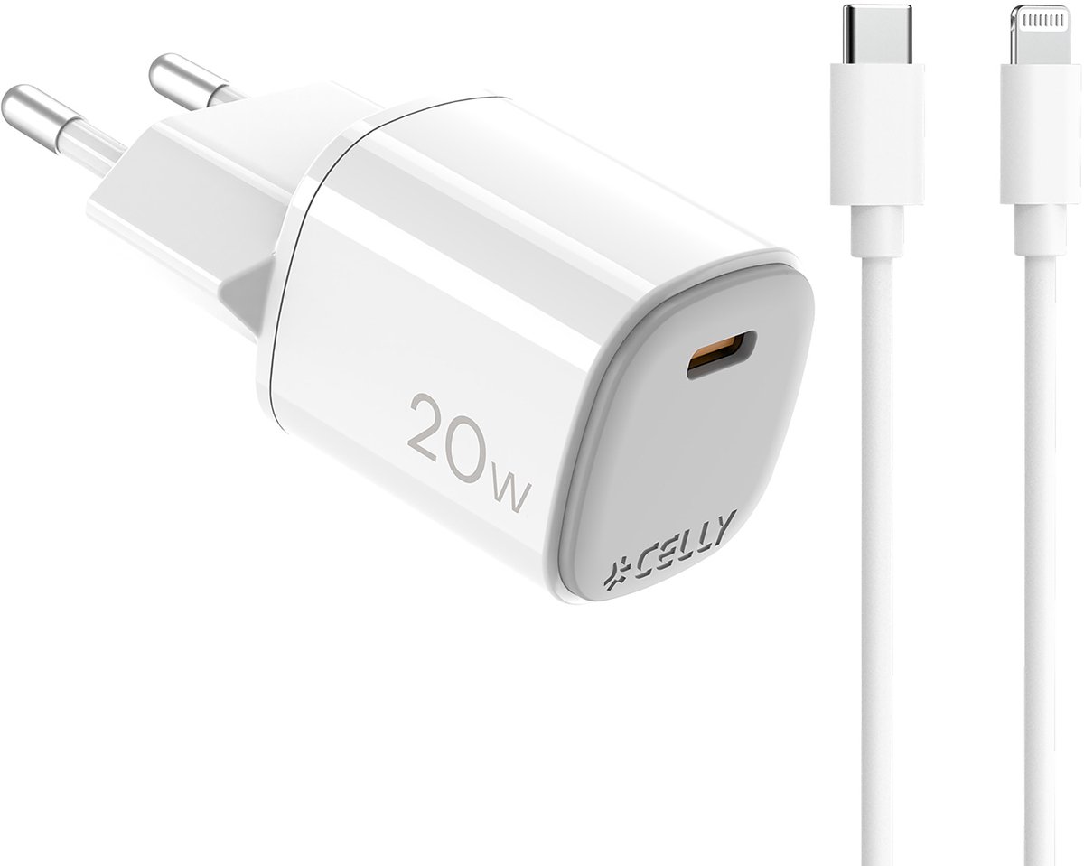 Celly Thuislader + USB-C naar Lightning Kabel – MFI- 20 Watt - GaN technologie - Snel opladen