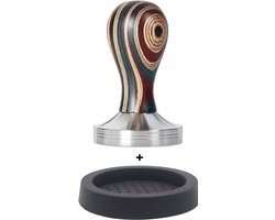 Premium Barista Koffie Tamper 53/54mm Kleur Hout Rond Handvat Rvs Draad Basis inclusief rubberen station. Voor Koffie Espresso Accessoires Koffiegereedschap.
