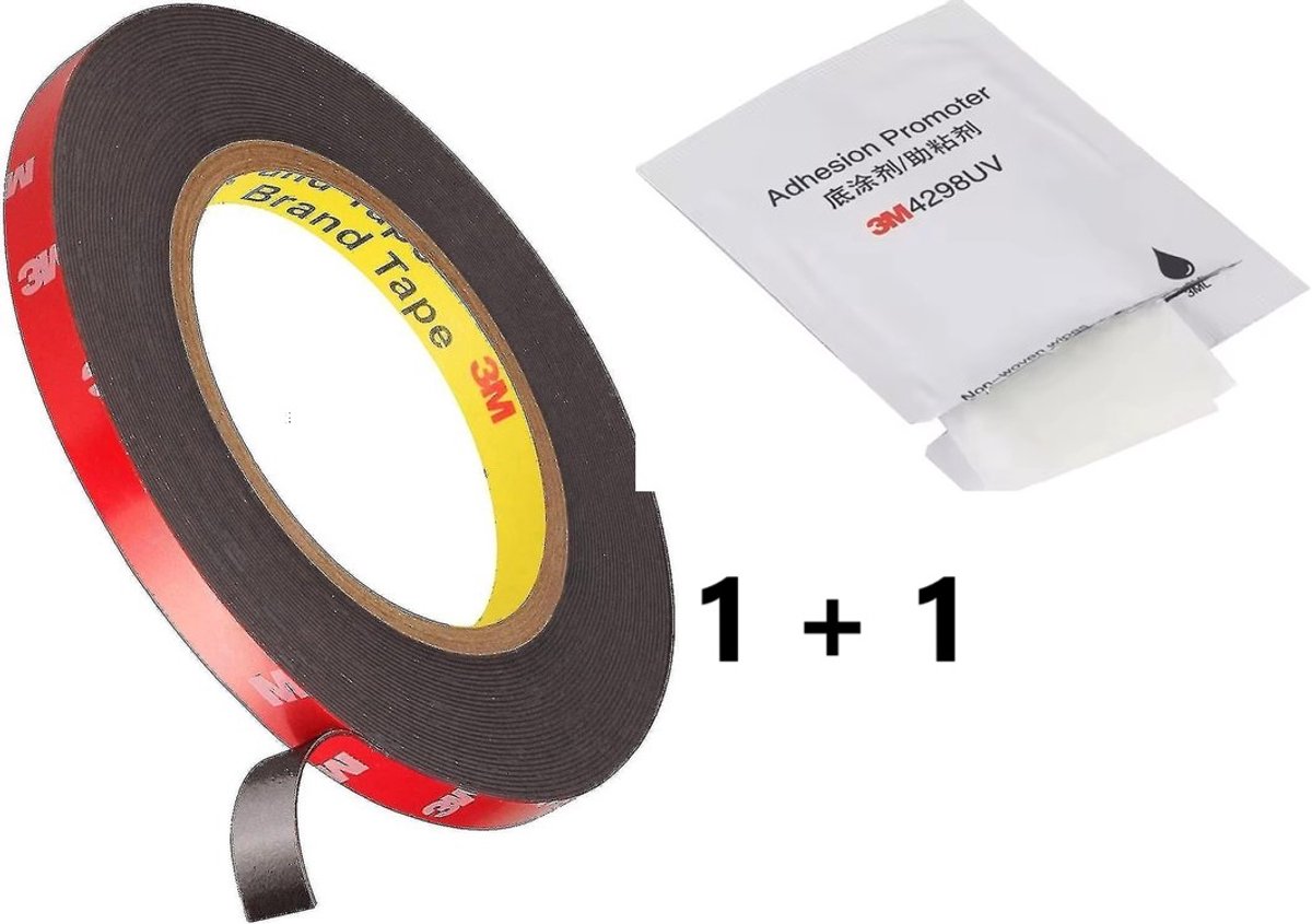 1 stuk 3M VHB 5952 Dubbelzijdige Tape – Supersterke Hechting voor Auto & Decoratie - 3meterx10mmx1.1mm + 1 stuk 3M 4298UV Primer Doekjes – Verbeter de Hechting van Dubbelzijdige Tape - 3ml doekjes