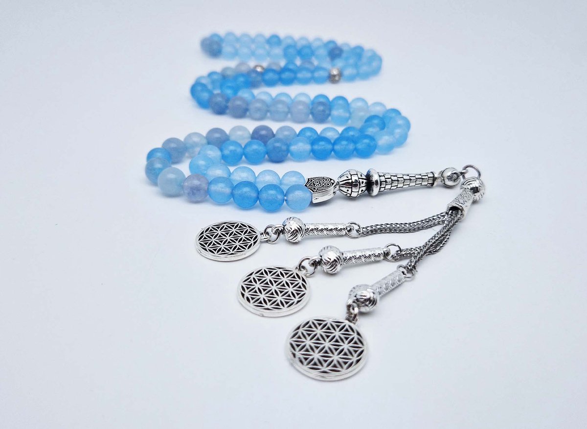 Handgemaakte tesbih "Tasbih" natuursteen " Blauwe Jade " - Aantal kralen 99 - Diameter kralen 8MM - met metaal tassel "Harmonie" - Een mooi cadeau-idee