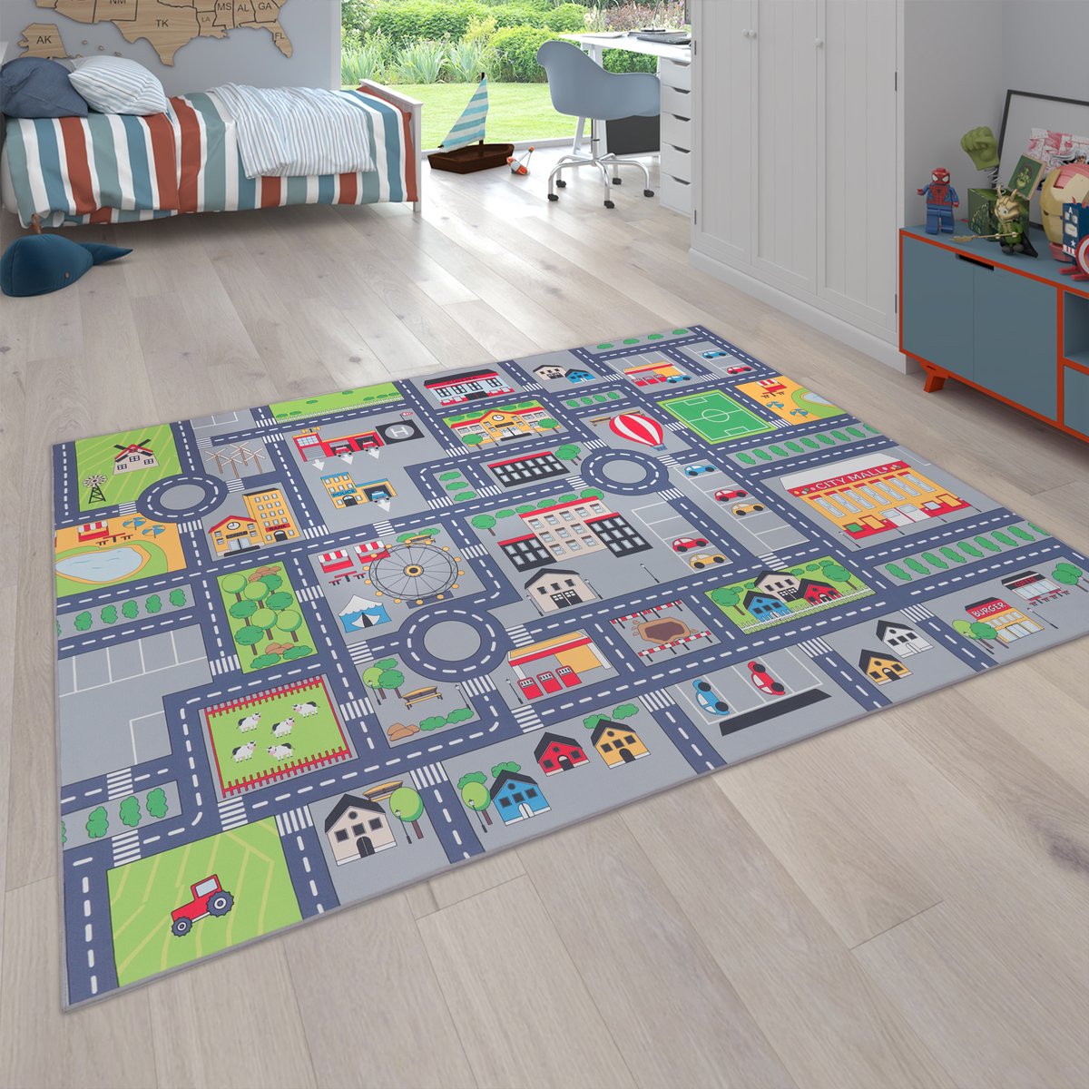 Flycarpets Binola Kindervloerkleed Grijs / Kleurrijk - 240x340 cm - Auto Speelkleed / Speelmat Stad - Laagpolig Vloerkleed Kinderkamer