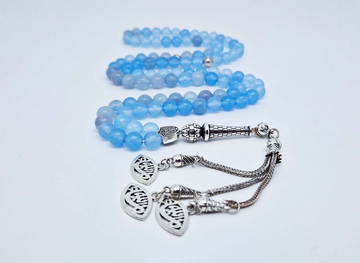 Handgemaakte tesbih "Tasbih" natuursteen " Blauwe Jade " - Aantal kralen 99 - Diameter kralen 8MM - met metaal tassel "Ogen" - Een mooi cadeau-idee