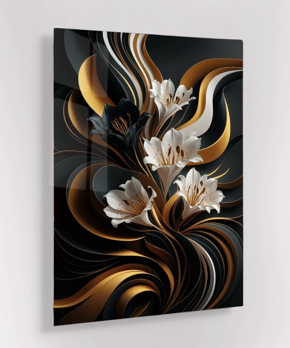 Online Schilderij - Glas schilderij - Black & Gold Elegance - 60x40 cm - Foto op glas - Wanddecoratie - bloemen