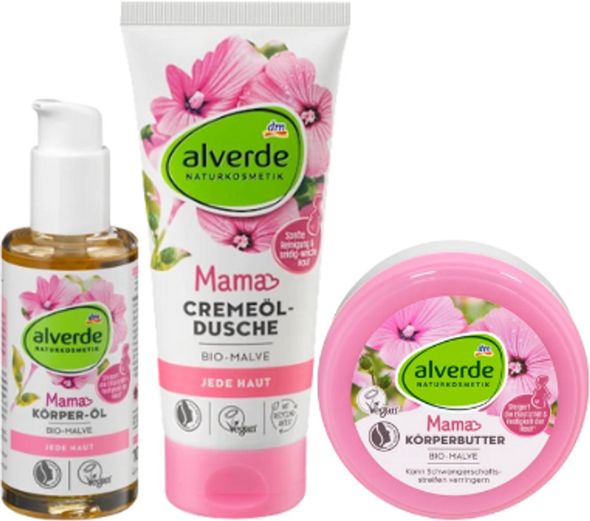 Alverde Naturkosmetik - Zwangerschapsverzorgingsset - Set van 3 | Mama Lichaamsolie - Crèmedouche - Body Butter Kruiden | Zwangerschap Musthave - Voor Elastische en Stevige huid