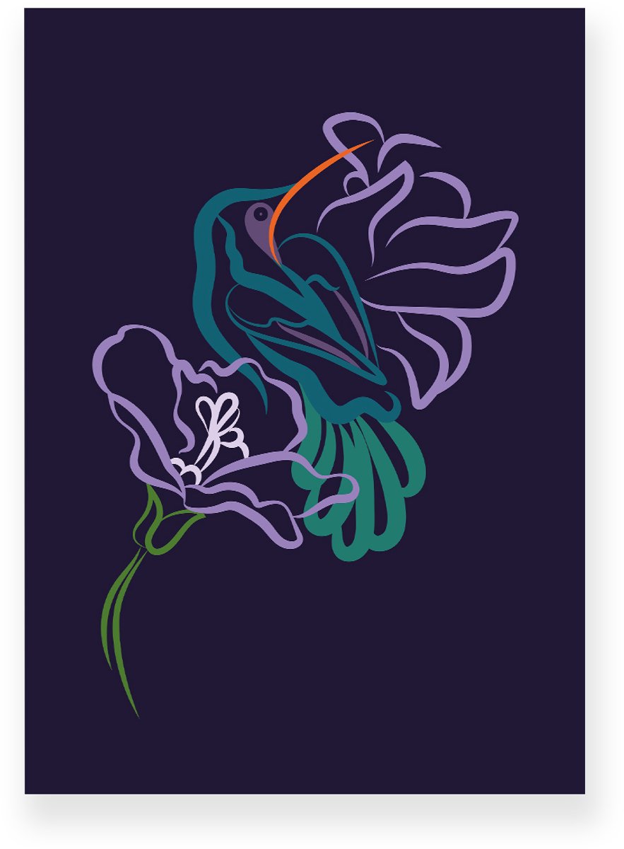 Yisual Poster 50x70 cm - Kolibrie - Vogel - Bloemen - Donkerblauw - Groen - Minimalistisch - Botanisch - Muurdecoratie - Wanddecoratie