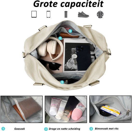 Sac de voyage TAN.TOMI - Sac de sport pour femme et homme - 46 x 23 x 32 cm - Avec housse Smart pour valise - Sac à Bagage à main - Avec compartiment à chaussures et bandoulière amovible - Beige