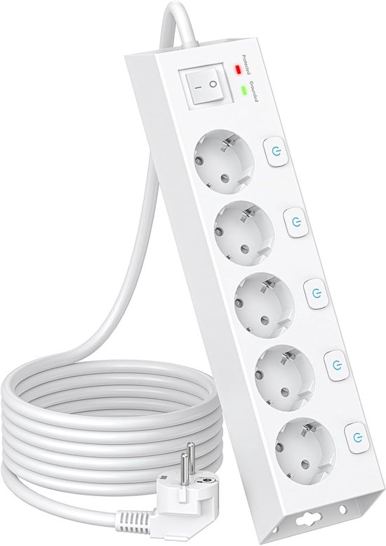 Witte stekkerdoos met 5 individueel schakelbare stopcontacten, een aan/uit-schakelaar, controlelampjes en een witte kabel.