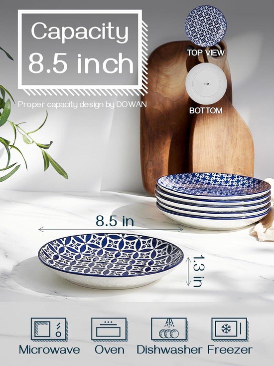 DOWAN Diner borden, 21,5 cm Premium Porseleinen Bijgerecht Borden Set van 6, Saladeborden, Dessertbord, Platte Dinerset voor Voorgerecht, Lunch, Salade, Biefstuk, Magnetron & Vaatwasser Veilig