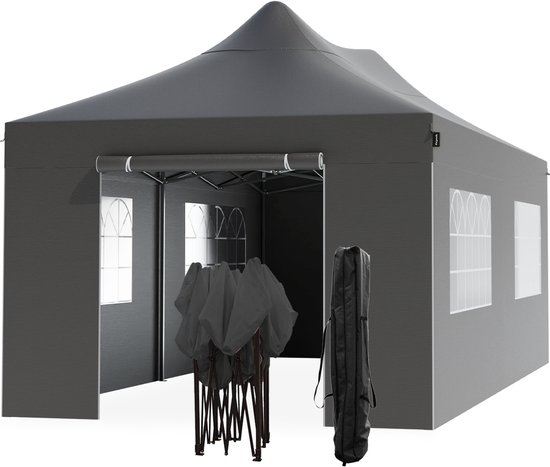 Tente de fête LifeGoods - Pavillon - 3x6 m - Parois latérales - Easy Up - Pliable - Étanche - Sac de transport à roulettes - Anthracite