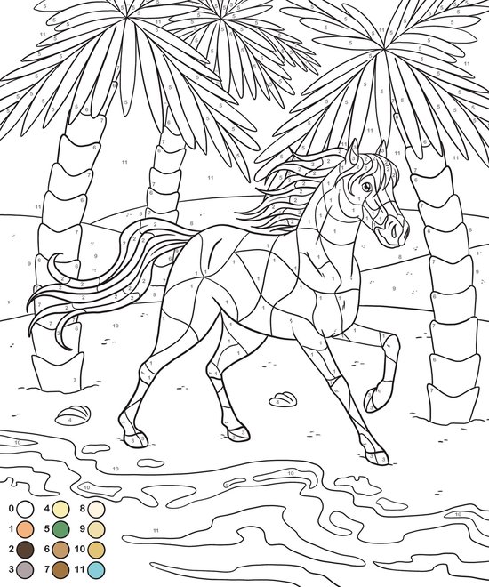 Een paard rent op een strand onder palmbomen. Kleurboekpagina.