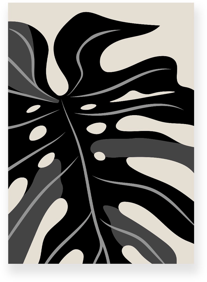 Yisual Poster 50x70 cm - Monstera Bladeren - Planten - Zwart - Beige - Modern - Botanisch - Muurdecoratie - Wanddecoratie Grijs