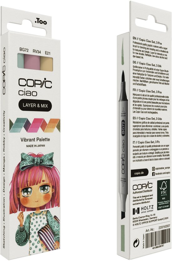 Palette vibrante Copic Ciao « LAYER & MIX », 3 pièces, Bush, Rose foncé, Jaune, Pointe biseautée/pinceau, Ronde, Encre à base d'alcool, Adulte/Enfant