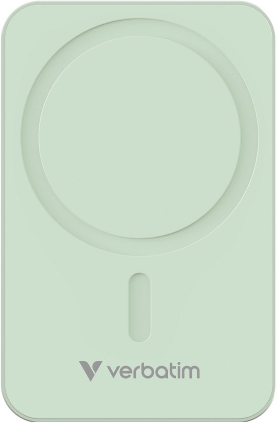 Lichtgroene magnetische powerbank met Verbatim logo, met een cirkelvormige oplaadring en een gleuf.