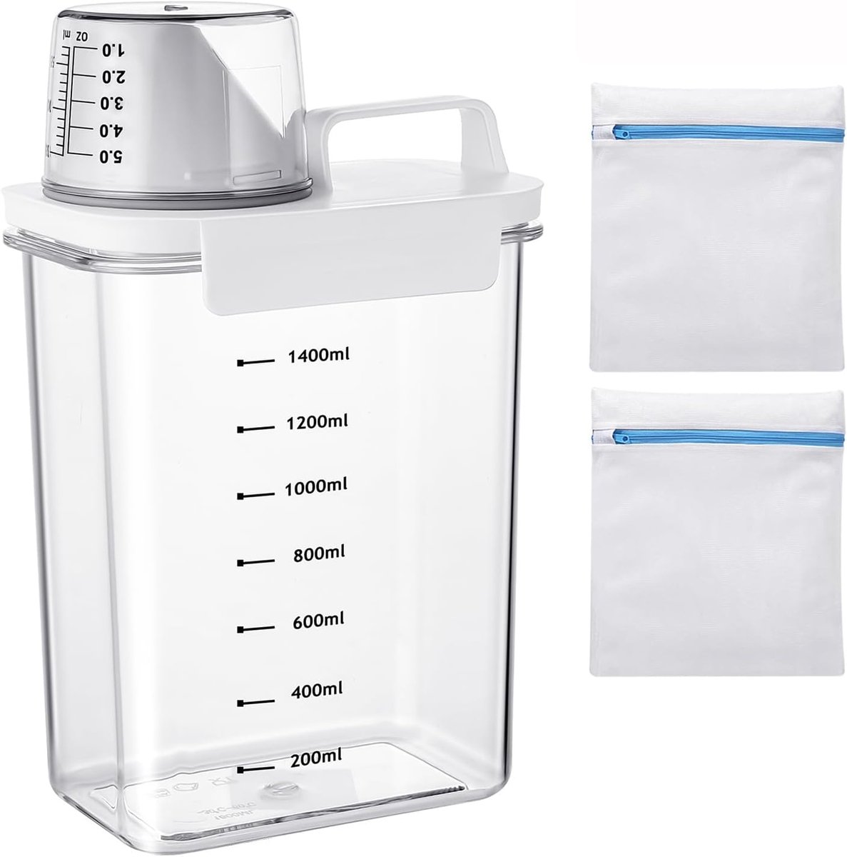 Transparante Multifunctionele Luchtdichte Dispenser voor Wasmiddelen – 1800ML Opslag met Maatbeker en Waszakken