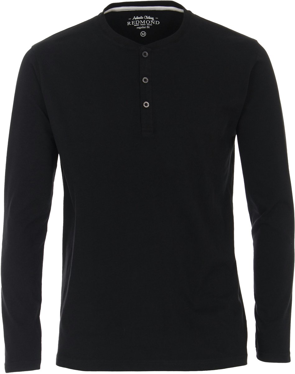 Redmond regular fit T-shirt - lange mouw O-hals met knoopsluiting - zwart