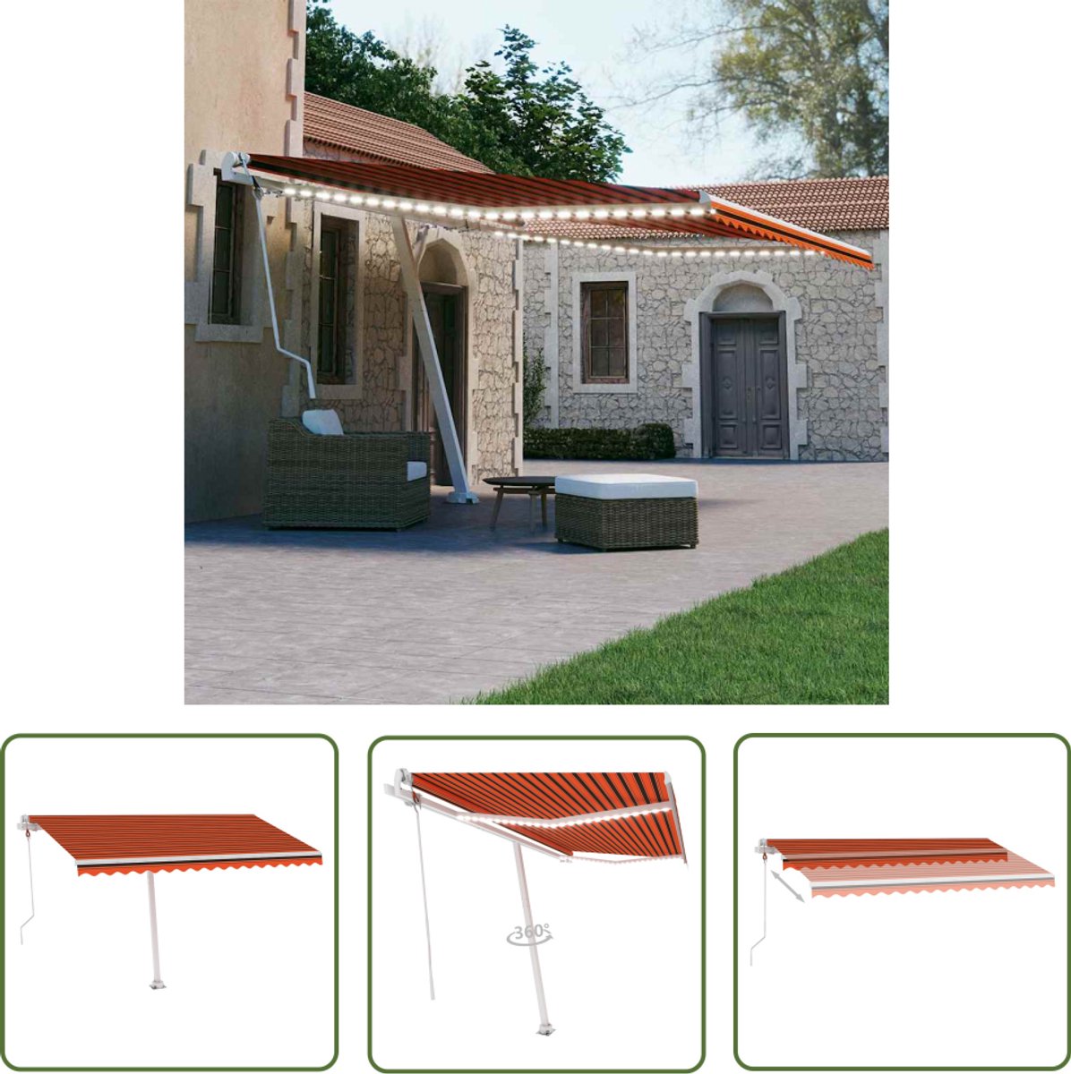Automatic retractable 400x300 cm orange-brown awning with LED wind sensor. Outdoor parasol with expanding feature.