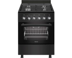 Wiggo WO‑E603R(BB) – Vrijstaand gasfornuis – 60 cm – 4 kookzones – 56L elektrische oven – Zwart – Elektrische vonkontsteking & vlambeveiliging – Energieklasse A – 5 jaar garantie